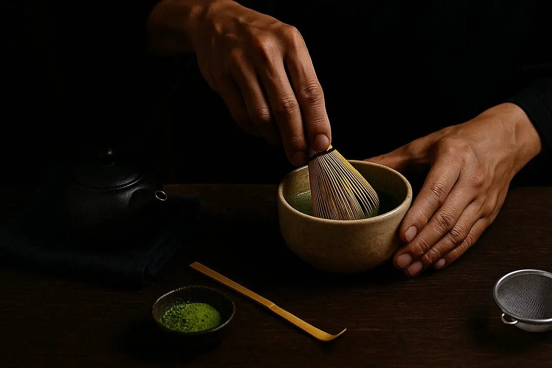 Traditionelle japanische Matcha-Zubereitung – Hände in schwarzem Kimono schlagen grünen Tee in einer Keramikschale auf, umgeben von Bambuslöffel, Teesieb und kleinen Schalen auf dunklem Holztisch.