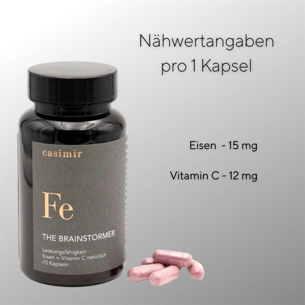 Nährwerttabelle Casimir Eisen + Vitamin C pro Kapsel – 15 mg Eisen, 12 mg Vitamin C