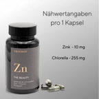 Nährwertangaben pro Kapsel des Casimir Zink & Chlorella Produkts — 10 mg Zink und 255 mg Chlorella