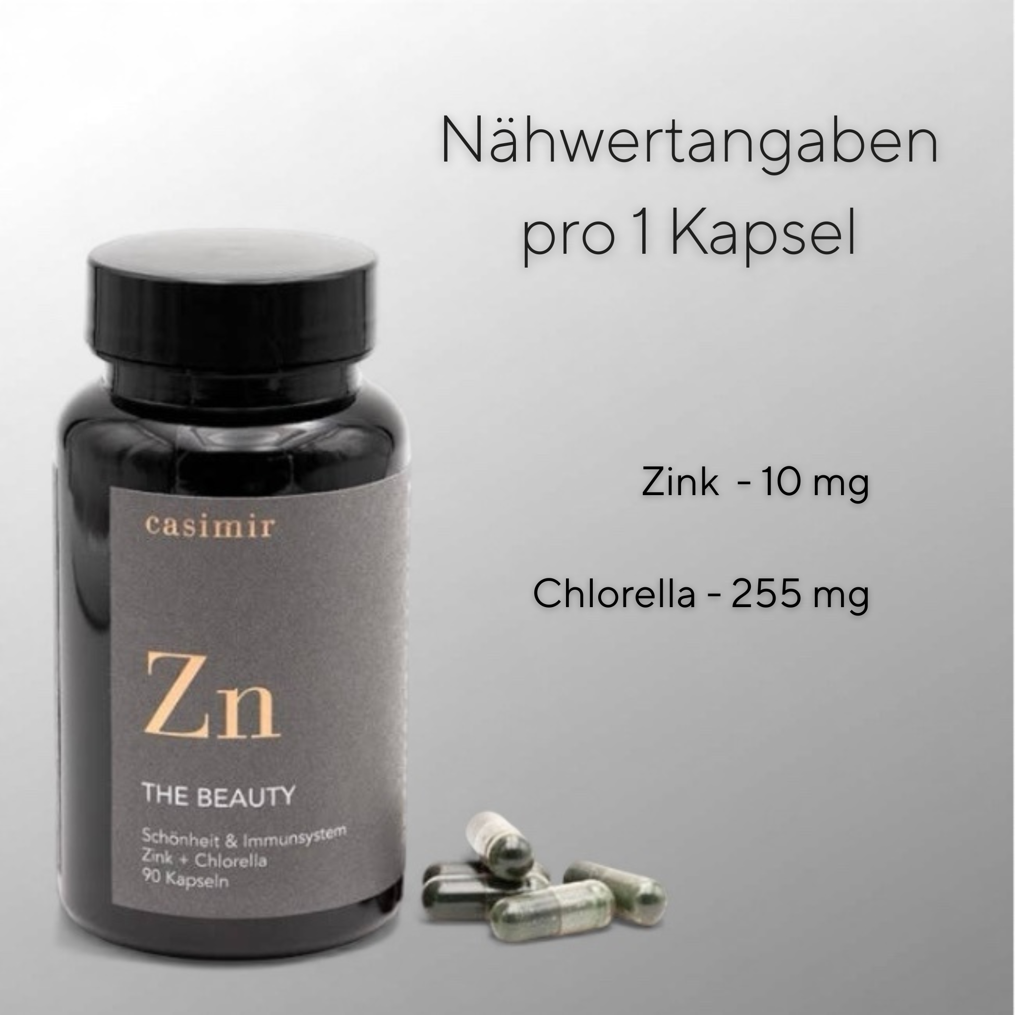 Nährwertangaben pro Kapsel des Casimir Zink & Chlorella Produkts — 10 mg Zink und 255 mg Chlorella