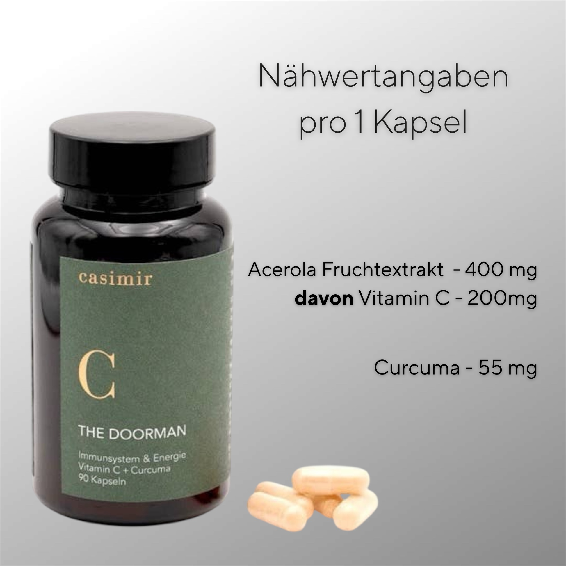 The Doorman – Vitamin C + Curcuma, Nährwertangaben pro Kapsel mit Acerola-Extrakt und Curcuma.