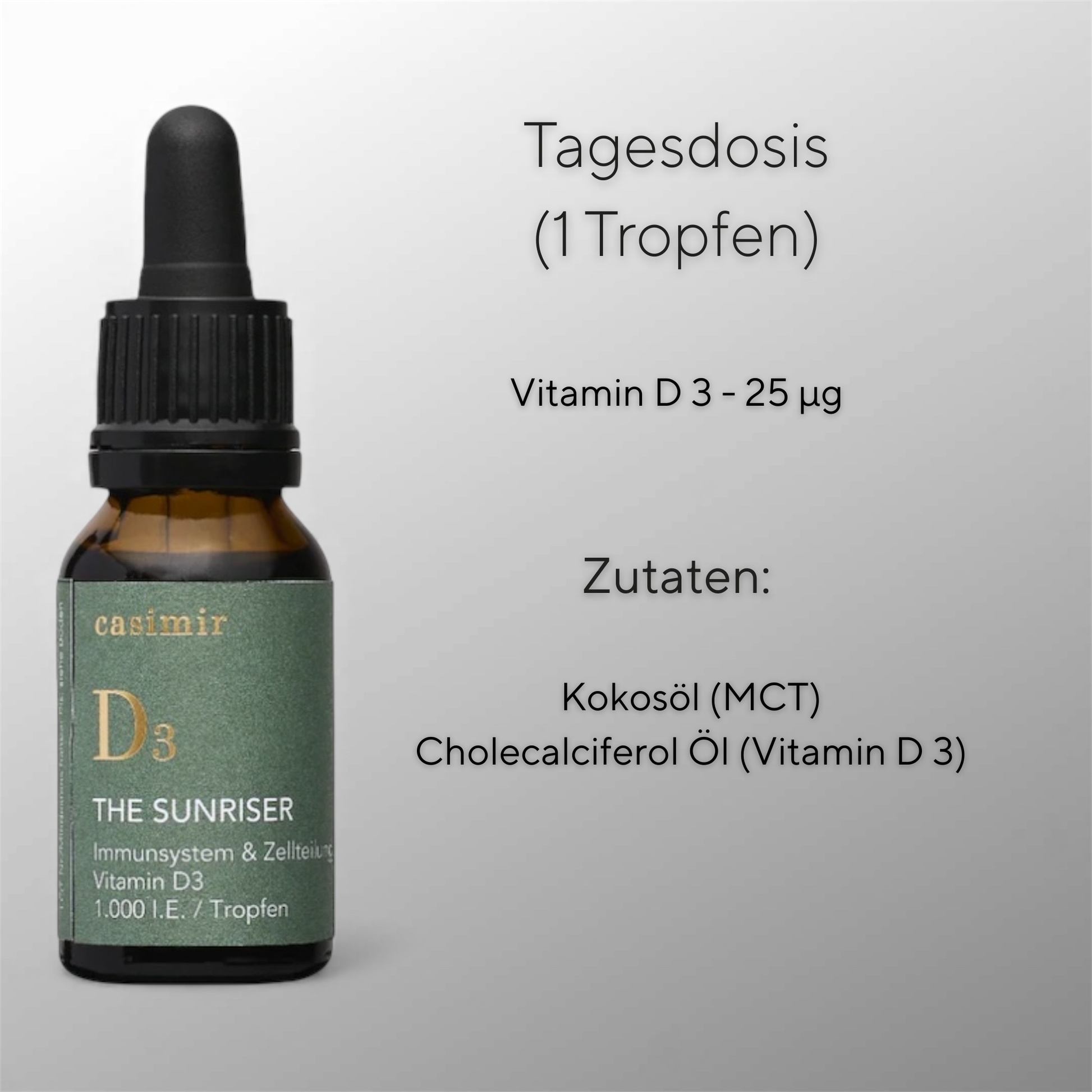 The Sunriser – Vitamin D3, Nährwertangaben pro 1 Tropfen (Tagesdosis). Fitaura