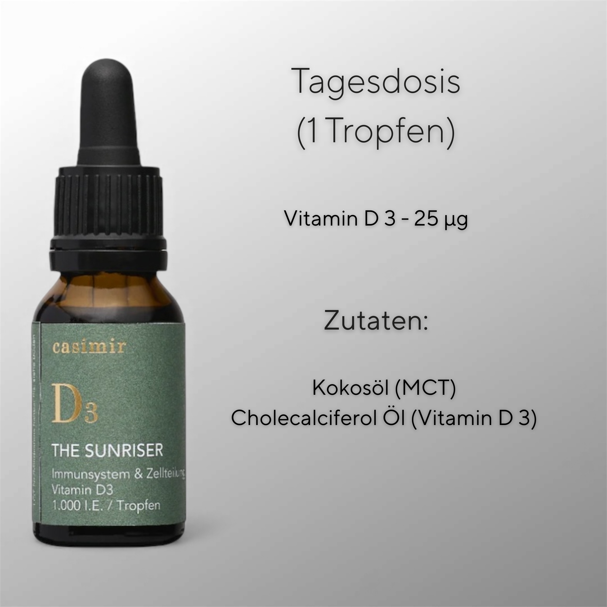 The Sunriser – Vitamin D3, Nährwertangaben pro 1 Tropfen (Tagesdosis). Fitaura