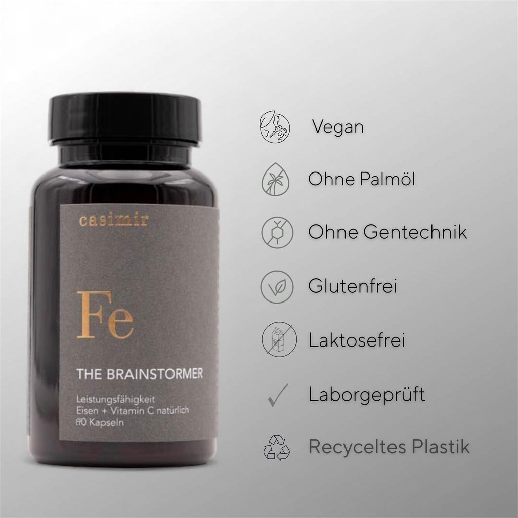 Eisen & Vitamin C Kapseln für Frauen – Produktfoto mit Eigenschaften: vegan, palmölfrei, ohne Gentechnik, glutenfrei, laktosefrei, laborgeprüft, recyceltes Plastik.