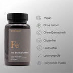 Eisen & Vitamin C Kapseln für Frauen – Produktfoto mit Eigenschaften: vegan, palmölfrei, ohne Gentechnik, glutenfrei, laktosefrei, laborgeprüft, recyceltes Plastik.