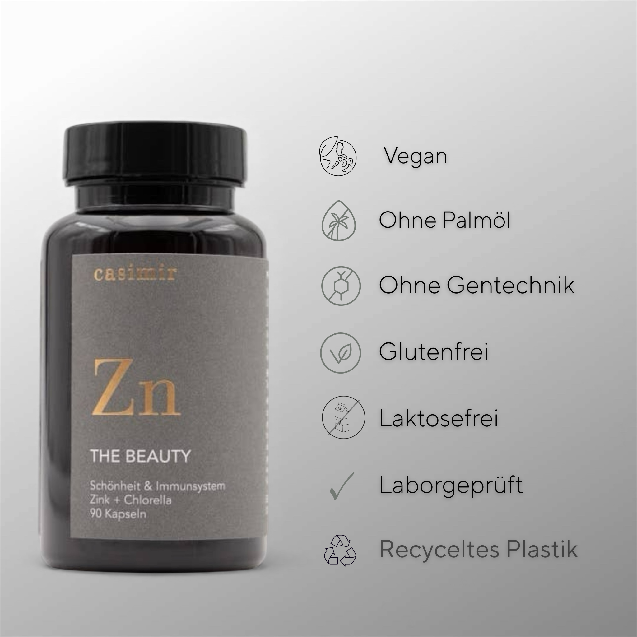 Zink & Chlorella für Frauen mit Eigenschaften: vegan, ohne Palmöl, ohne Gentechnik, glutenfrei, laktosefrei, laborgeprüft, recyceltes Plastik