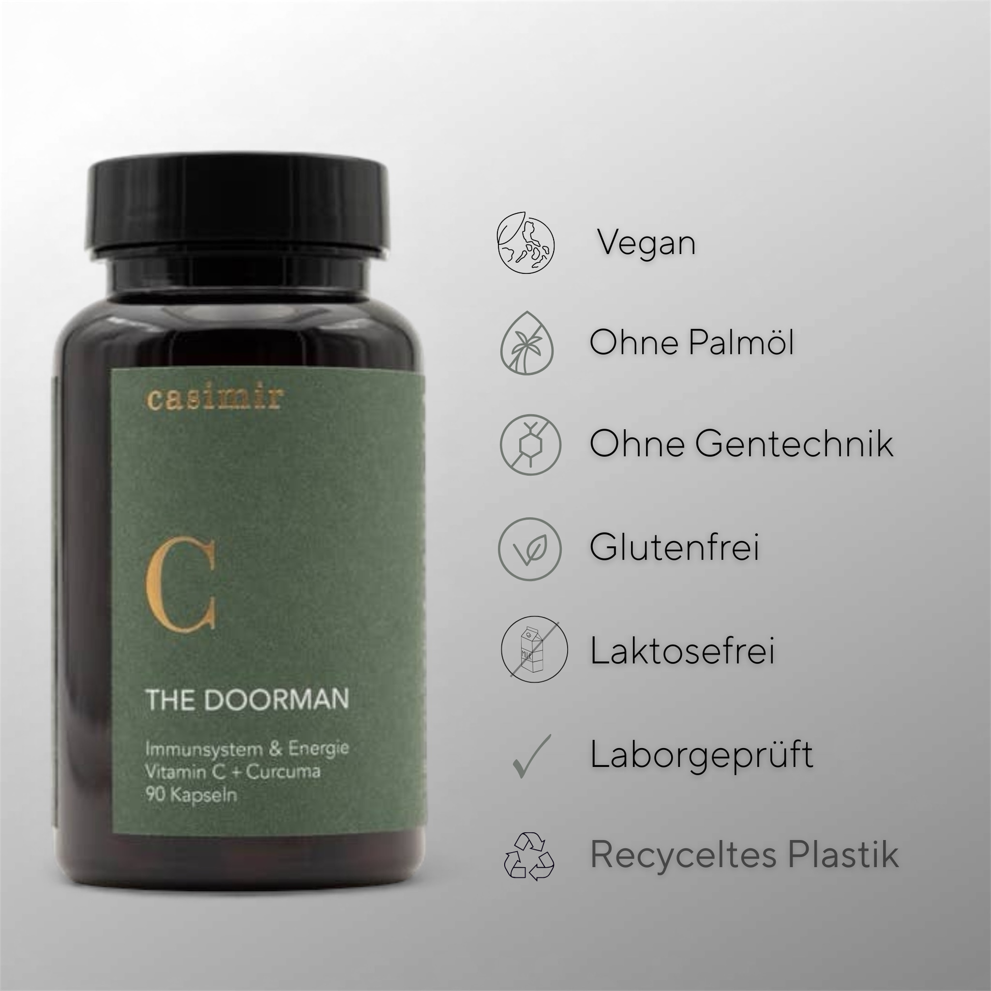 The Doorman – Vitamin C + Curcuma mit Icons: vegan, palmölfrei, gentechnikfrei, glutenfrei, laktosefrei, laborgeprüft, recyceltes Plastik.