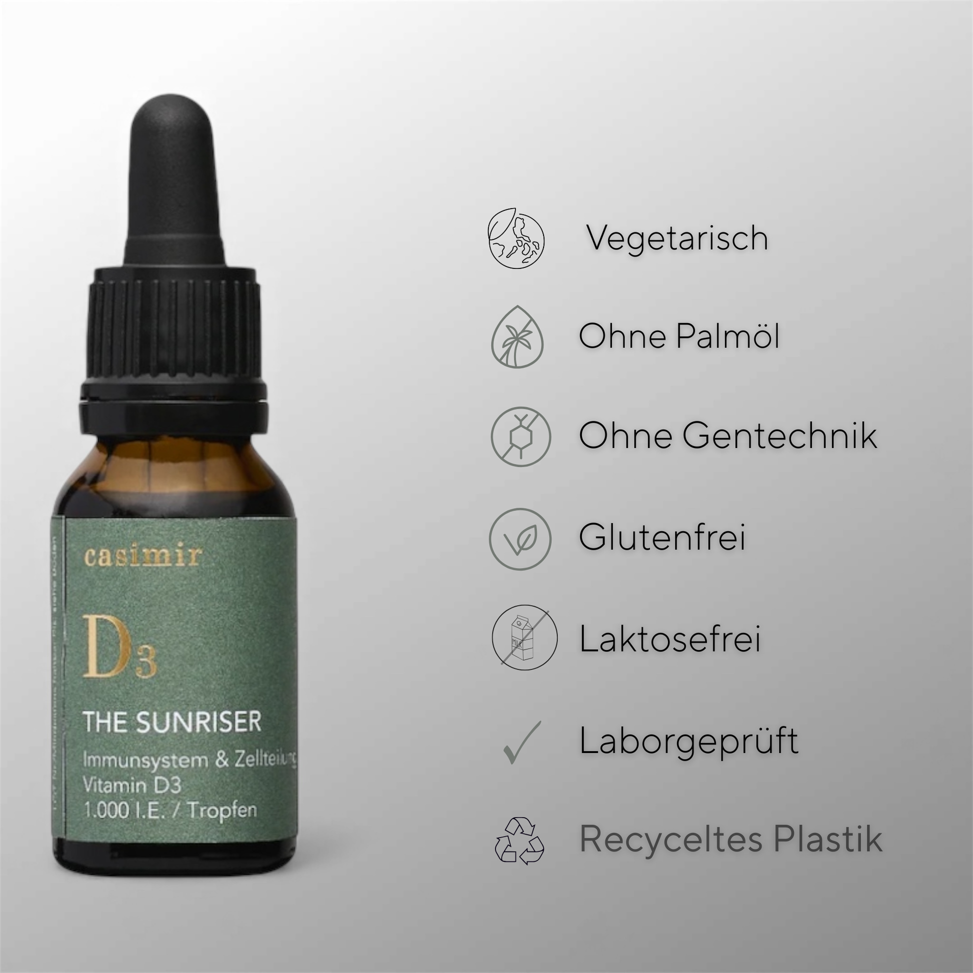 The Sunriser – Vitamin D3 mit Icons: vegetarisch, palmölfrei, gentechnikfrei, glutenfrei, laktosefrei, laborgeprüft, recyceltes Plastik.