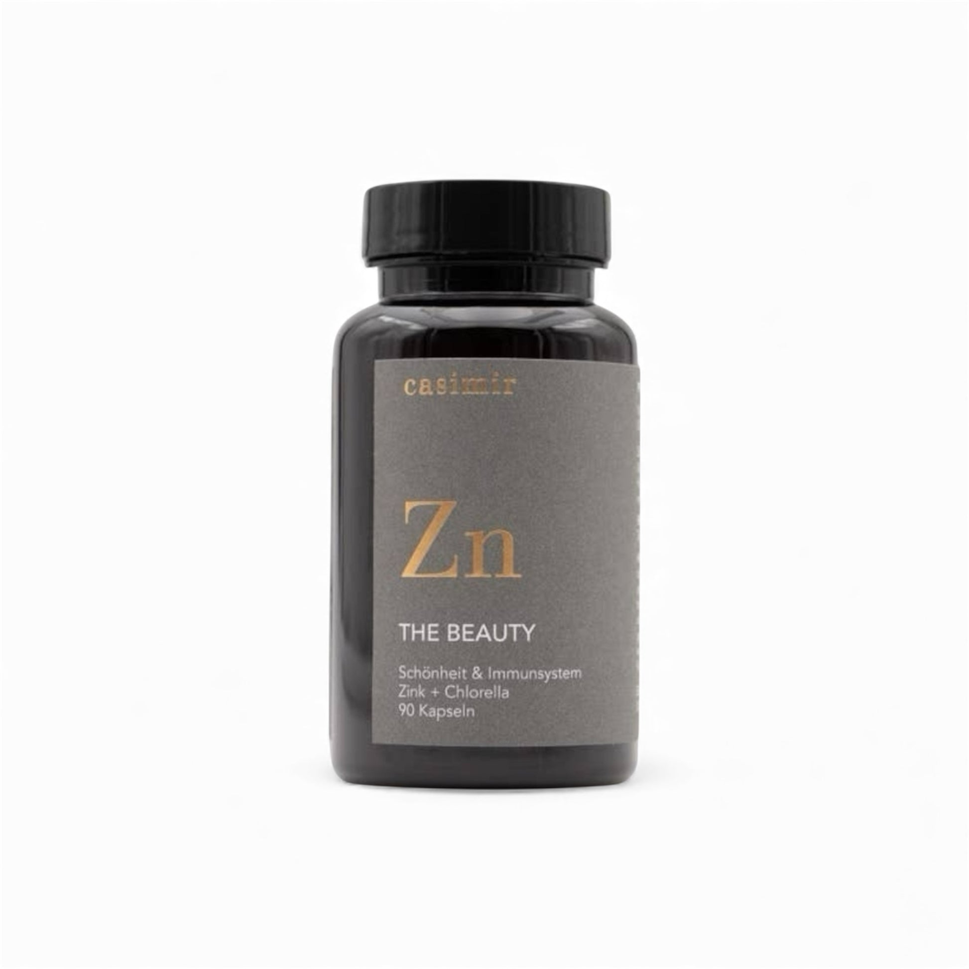 Casimir Zink und Chlorella Nahrungsergänzung für Frauen - Produktfoto der schwaren Dose, 90 Kapseln bei Fitaura