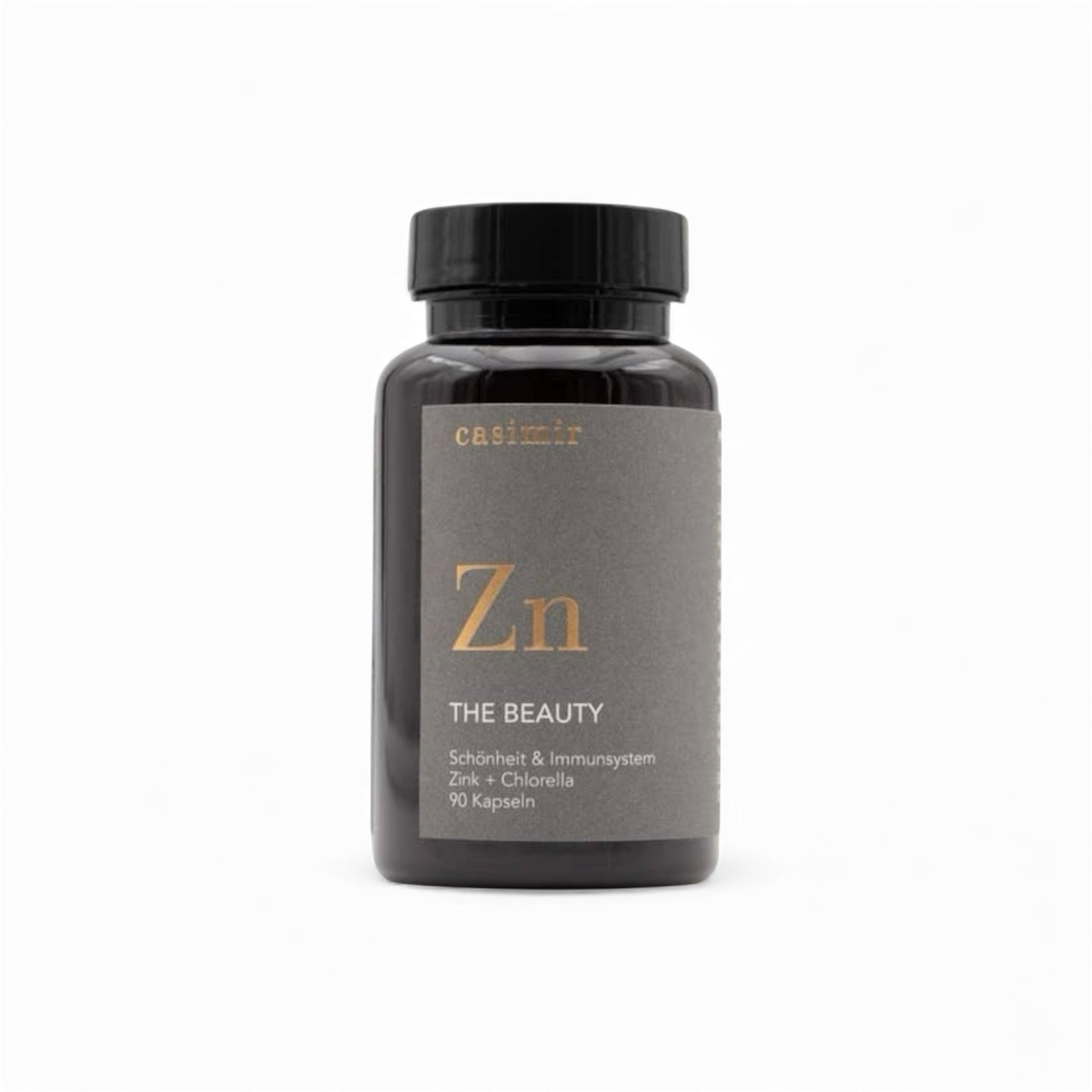 Casimir Zink und Chlorella Nahrungsergänzung für Frauen - Produktfoto der schwaren Dose, 90 Kapseln bei Fitaura